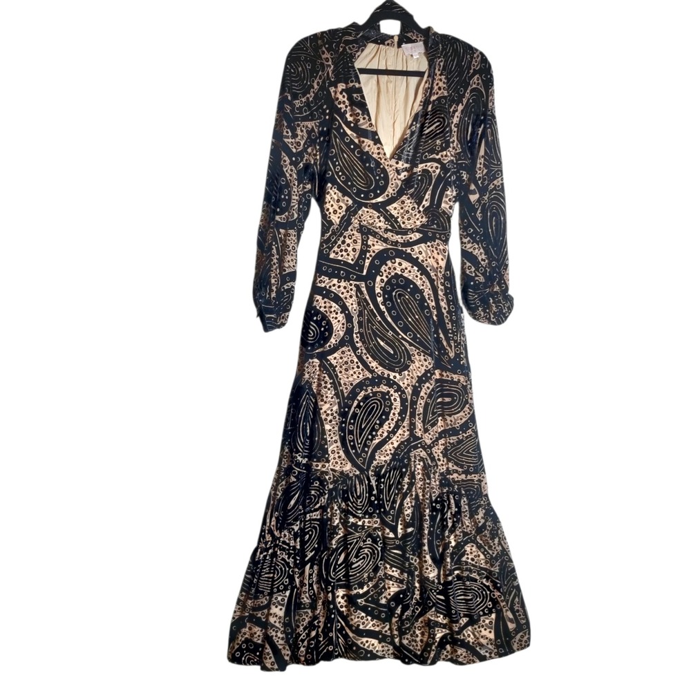 Ciebon Womens Black Tan Paisley Burnout Velvet Maxi Dress V-Neck Long Sleeve S‎